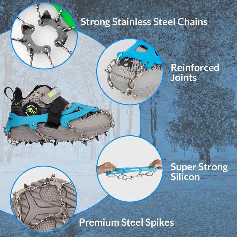 High Stream Gear أحذية ثلج للأطفال - مسامير ثلجية لأحذية المشي مع 14 مسمار من الفولاذ المقاوم للصدأ، قبضة مضادة للانزلاق للأولاد والبنات، أحذية ثلجية للمشي والتسلق (متوسط، أزرق) - Image 3